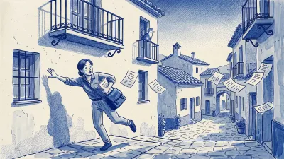 A manager stumbles in a Spanish alley as paper forms scatter into the air; a blue satchel swings from his shoulder and a cat watches from a balcony
