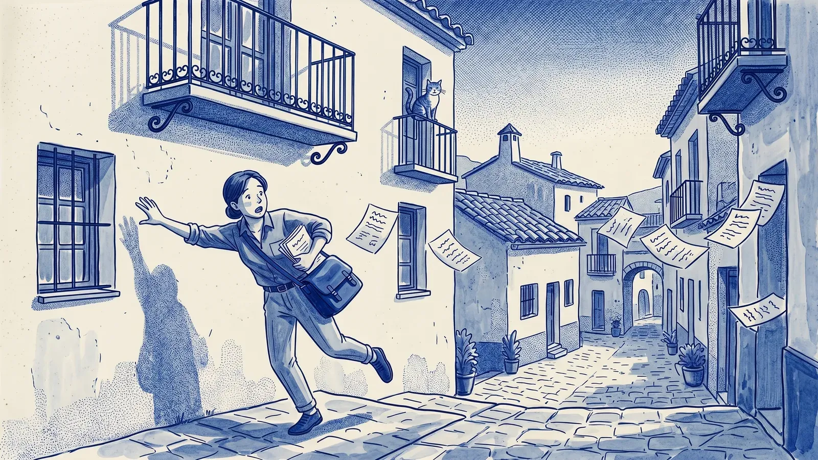A manager stumbles in a Spanish alley as paper forms scatter into the air; a blue satchel swings from his shoulder and a cat watches from a balcony