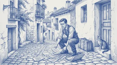 A manager stumbles in a Spanish alley as paper forms scatter into the air; a blue satchel swings from his shoulder and a cat watches from a balcony
