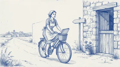Azulejo en azul cobalto: la ventanilla de madera de un cuartel de pueblo cerrada, con una pequeña telaraña en la esquina; junto a ella, una flecha indicadora señala carretera abajo y una hostelera con la carpeta en la cesta de su bicicleta pedalea en esa dirección