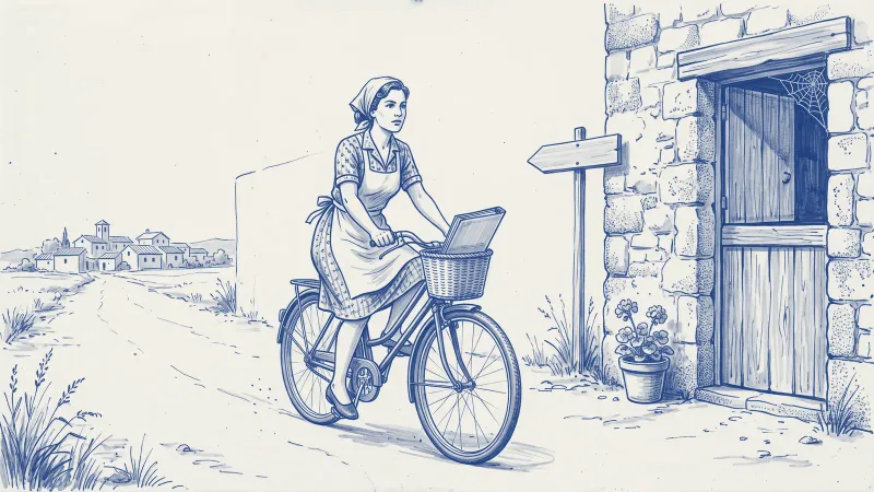 Azulejo en azul cobalto: la ventanilla de madera de un cuartel de pueblo cerrada, con una pequeña telaraña en la esquina; junto a ella, una flecha indicadora señala carretera abajo y una hostelera con la carpeta en la cesta de su bicicleta pedalea en esa dirección