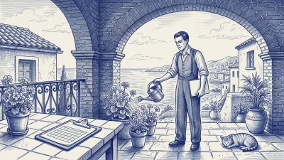 Una gestora riega los geranios de su terraza bajo un arco con el pueblo costero y el mar al fondo; en la mesa, una tablet muestra el calendario de reservas con casillas azules y un gato duerme al lado