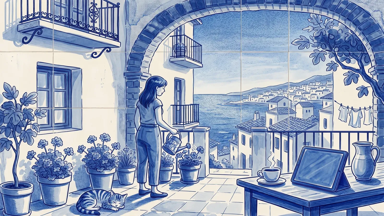 A manager waters the geraniums on her terrace under an arch, coastal town and sea beyond; on the table a tablet shows the bookings calendar with blue-shaded squares while a cat sleeps nearby