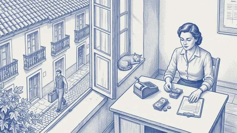Azulejo en azul cobalto: en la oficina de un segundo piso, la gestora separa monedas y billetes en dos montones sobre el escritorio, junto a una máquina de sumar; por la ventana abierta se ve, dos plantas más abajo, al viajero alejándose calle abajo con su maleta; el gato duerme en el alféizar