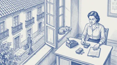 Azulejo en azul cobalto: en la oficina de un segundo piso, la gestora separa monedas y billetes en dos montones sobre el escritorio, junto a una máquina de sumar; por la ventana abierta se ve, dos plantas más abajo, al viajero alejándose calle abajo con su maleta; el gato duerme en el alféizar
