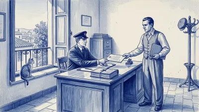 Azulejo en azul cobalto: en una oficina administrativa, un funcionario desliza un documento sobre la mesa hacia un gestor que lo recibe con seriedad; un expediente atado sobre la mesa