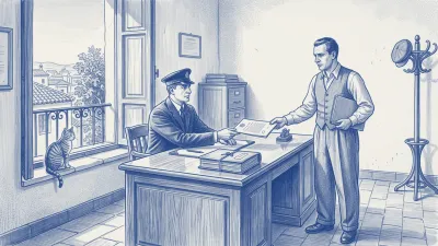 Cobalt-on-white azulejo: in an administrative office, an official slides a formal document across the desk to a manager who receives it gravely; a cord-tied dossier rests on the desk