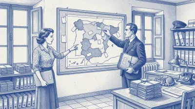 Azulejo en azul cobalto: en una oficina provincial de los años cuarenta, un funcionario con un legajo atado bajo el brazo prende una etiqueta en blanco sobre un gran mapa de España clavado en un corcho, con las comunidades sombreadas y sin rótulos; a su lado, la gestora con su carpeta señala otra región; un gato dormita sobre una pila de expedientes
