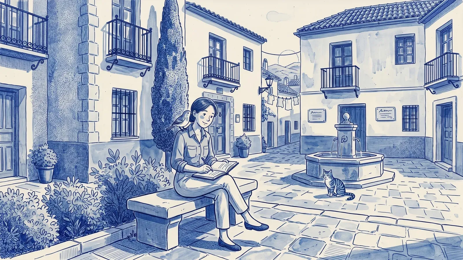 A manager writes in a blue notebook on a bench in a Spanish plaza while a bird perched on her shoulder whispers to her; a stone fountain and a cat beyond
