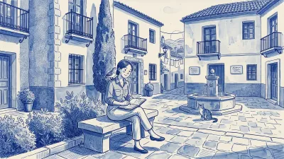 A manager writes in a blue notebook on a bench in a Spanish plaza while a bird perched on her shoulder whispers to her; a stone fountain and a cat beyond