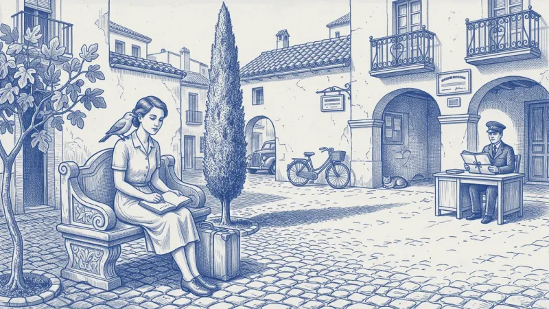 A manager writes in a blue notebook on a bench in a Spanish plaza while a bird perched on her shoulder whispers to her; a stone fountain and a cat beyond