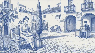 A manager writes in a blue notebook on a bench in a Spanish plaza while a bird perched on her shoulder whispers to her; a stone fountain and a cat beyond