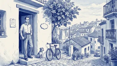 Una gestora con carpeta azul en el umbral de una casa encalada, con una lista de marcas junto a la puerta y un perro mirándola desde el escalón; un callejón con balcones al fondo