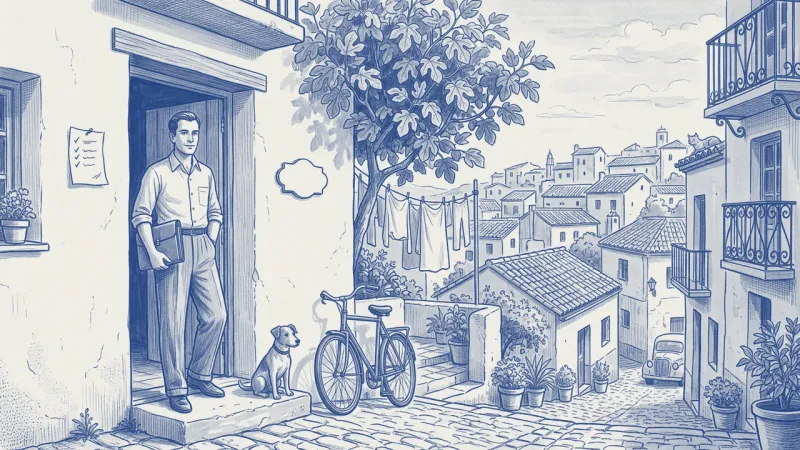 A manager with a blue folder on the doorstep of a whitewashed house, a tick-mark list pinned beside the door and a dog looking up at her; a balconied alley beyond