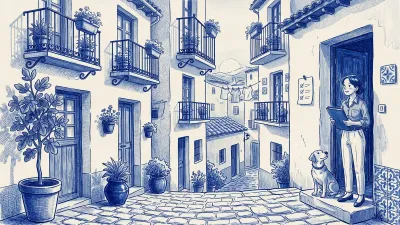 A manager with a blue folder on the doorstep of a whitewashed house, a tick-mark list pinned beside the door and a dog looking up at her; a balconied alley beyond