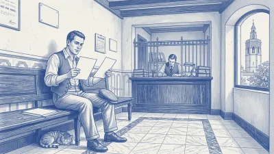 Azulejo en azul cobalto: en la sala de espera de un ayuntamiento valenciano de los años cuarenta, con banco de madera y mostrador de rejilla al fondo, el gestor sentado compara dos formularios en blanco, uno en cada mano; por la ventana, a lo lejos, la torre del Miguelete; un gato dormita bajo el banco