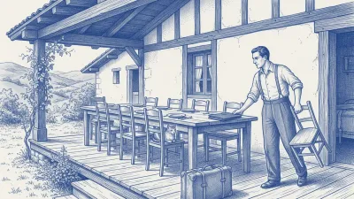 Azulejo en azul cobalto: en el porche de un caserío vasco de los años cuarenta, con colinas verdes al fondo, una mesa larga puesta para huéspedes y rodeada de sillas; el gestor se lleva una silla más hacia la pared; una maleta espera en el escalón del porche y un gato ocupa una de las sillas