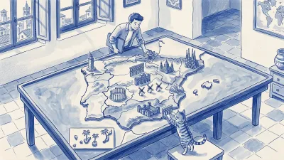 A property manager with a blue folder leans over a table whose top is a carved colour relief map of Spain, with one monument for each region; a cat paws at one of them at the edge, and an inset shows the Canary Islands with palm trees