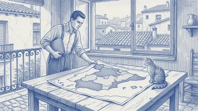 A property manager with a blue folder leans over a table whose top is a carved colour relief map of Spain, with one monument for each region; a cat paws at one of them at the edge, and an inset shows the Canary Islands with palm trees