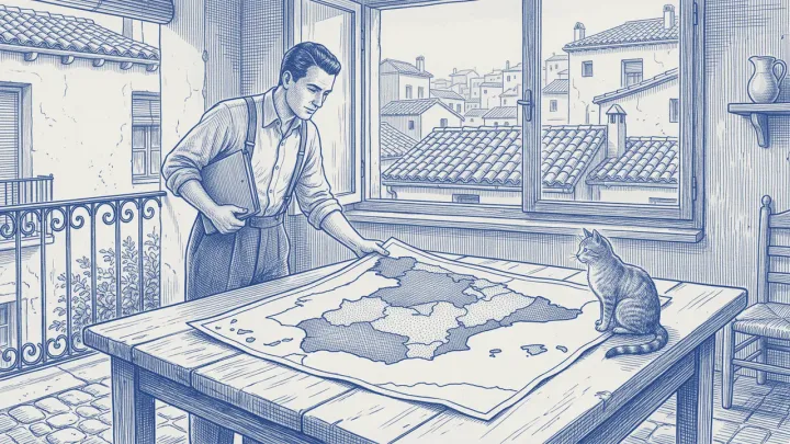 Un gestor con carpeta azul se inclina sobre una mesa cuyo tablero es un mapa en relieve de España a color, con un monumento tallado por cada región; un gato juega con uno de ellos en el borde y, en un recuadro, las Islas Canarias aparecen con palmeras