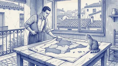 Un gestor con carpeta azul se inclina sobre una mesa cuyo tablero es un mapa en relieve de España a color, con un monumento tallado por cada región; un gato juega con uno de ellos en el borde y, en un recuadro, las Islas Canarias aparecen con palmeras