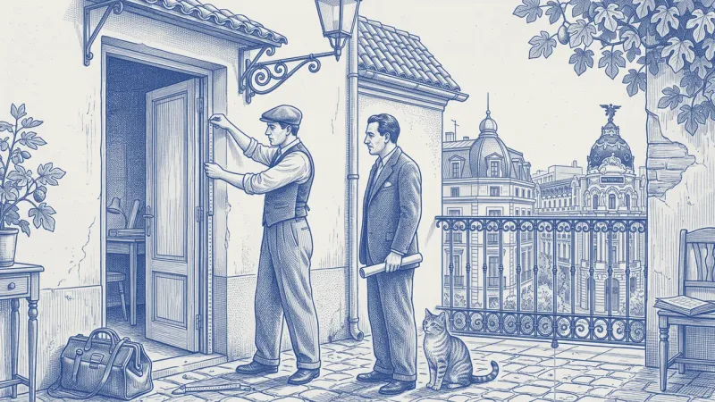 A crouching technician measures a Madrid flat's balcony doorway while the owner watches; beyond the balcony, chimney-pot rooftops and a domed building with a winged statue on the skyline