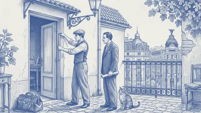 A crouching technician measures a Madrid flat's balcony doorway while the owner watches; beyond the balcony, chimney-pot rooftops and a domed building with a winged statue on the skyline