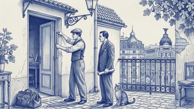 Un técnico agachado mide la puerta del balcón de un piso madrileño mientras la propietaria observa; tras el balcón, tejados con chimeneas castizas y una cúpula con estatua alada en el horizonte