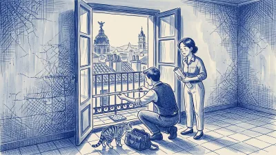 A crouching technician measures a Madrid flat's balcony doorway while the owner watches; beyond the balcony, chimney-pot rooftops and a domed building with a winged statue on the skyline