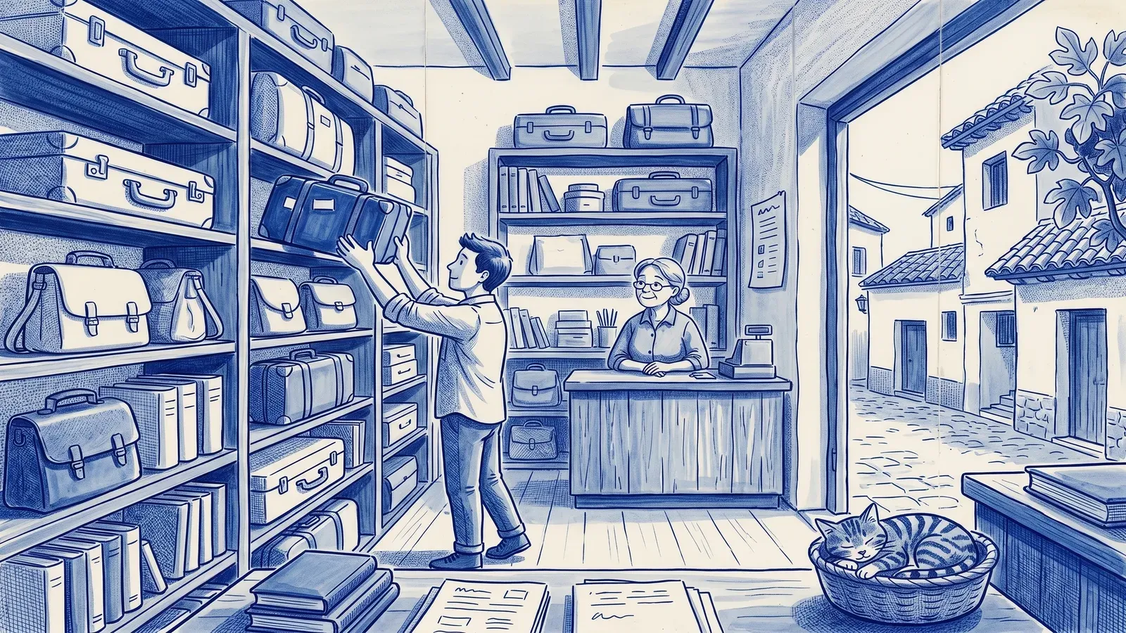 A customer reaches for the only blue suitcase on a tall wall of cases and satchels in a Spanish shop; the shopkeeper watches from the counter and a cat sleeps in a basket
