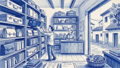 A customer reaches for the only blue suitcase on a tall wall of cases and satchels in a Spanish shop; the shopkeeper watches from the counter and a cat sleeps in a basket
