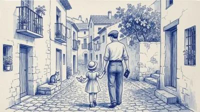 Un padre con un pasaporte en la mano camina de la mano de su hijo, que levanta un barquito de papel, por un callejón español; un gato observa desde un balcón