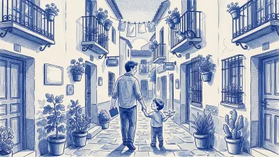 A father holding a passport walks hand in hand with his child, who holds up a paper boat, down a Spanish alley; a cat watches from a balcony