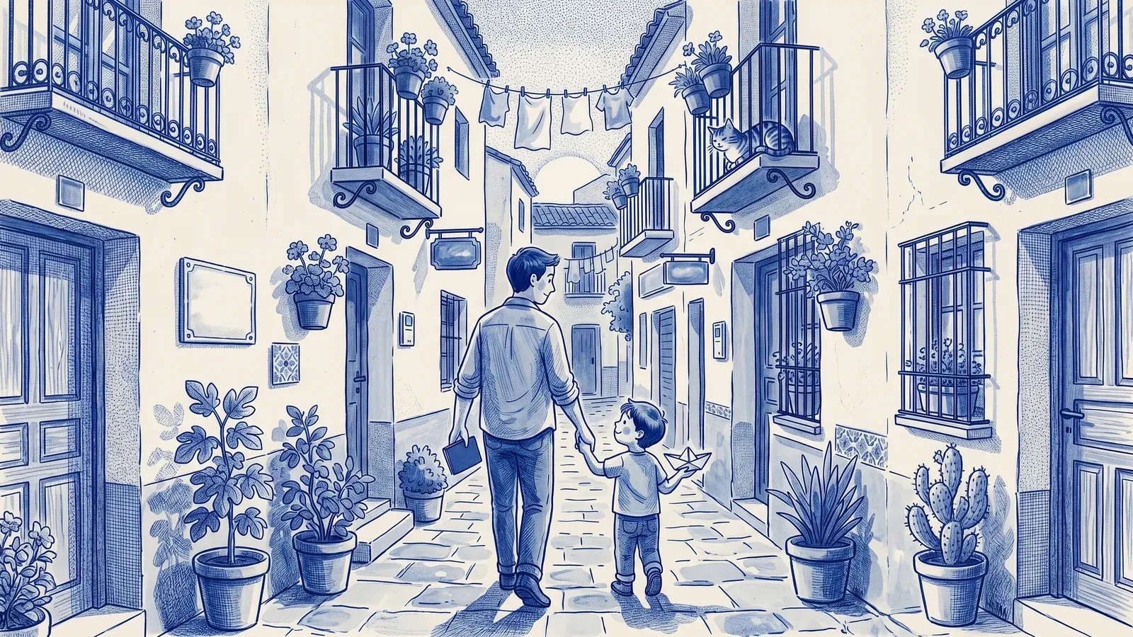 A father holding a passport walks hand in hand with his child, who holds up a paper boat, down a Spanish alley; a cat watches from a balcony