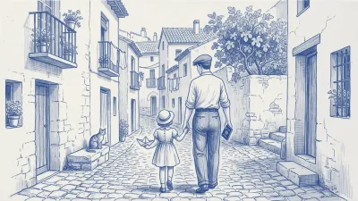 Un padre con un pasaporte en la mano camina de la mano de su hijo, que levanta un barquito de papel, por un callejón español; un gato observa desde un balcón