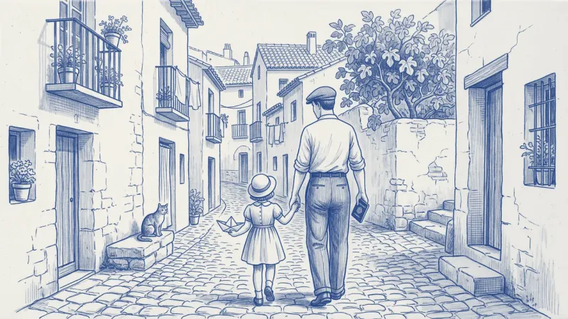 Un padre con un pasaporte en la mano camina de la mano de su hijo, que levanta un barquito de papel, por un callejón español; un gato observa desde un balcón