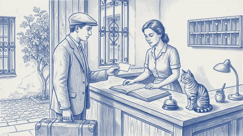Un huésped muestra en su móvil su retrato a la recepcionista de una casa de huéspedes, que lo compara con su libro de registro