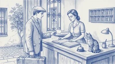 Un huésped muestra en su móvil su retrato a la recepcionista de una casa de huéspedes, que lo compara con su libro de registro