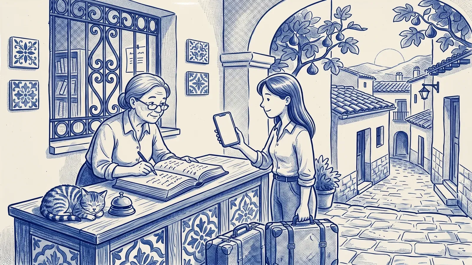 A guest holds up a phone showing their portrait to a guesthouse innkeeper, who checks it against her ledger