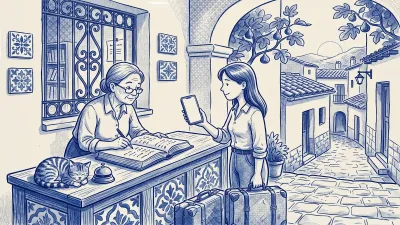 A guest holds up a phone showing their portrait to a guesthouse innkeeper, who checks it against her ledger