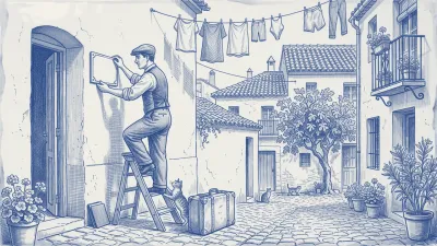 Cobalt-blue tile: a property manager climbs a stepladder to fix a new plaque next to the door of a freshly prepared flat, with a suitcase at the foot and a cat holding the ladder steady