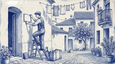 Azulejo en azul cobalto: un gestor sube a una escalera de mano para colocar una placa nueva junto a la puerta de un piso recién preparado, con una maleta al pie y un gato sujetando la escalera