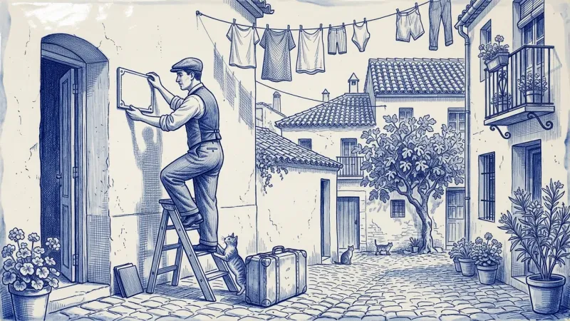 Azulejo en azul cobalto: un gestor sube a una escalera de mano para colocar una placa nueva junto a la puerta de un piso recién preparado, con una maleta al pie y un gato sujetando la escalera