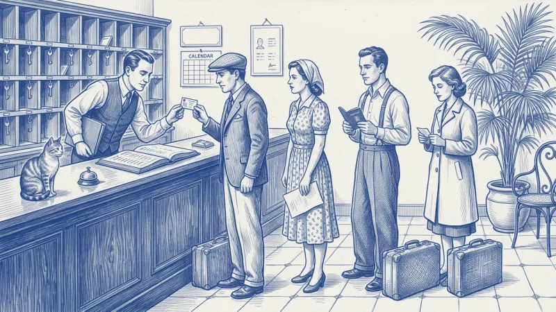 Azulejo en azul cobalto: en la recepción de un hotel clásico, con su casillero de llaves y su timbre de latón, cuatro viajeros esperan en fila y cada uno sostiene un documento de tamaño distinto, una tarjeta, una hoja doblada, una libreta abierta; el recepcionista examina el del primero
