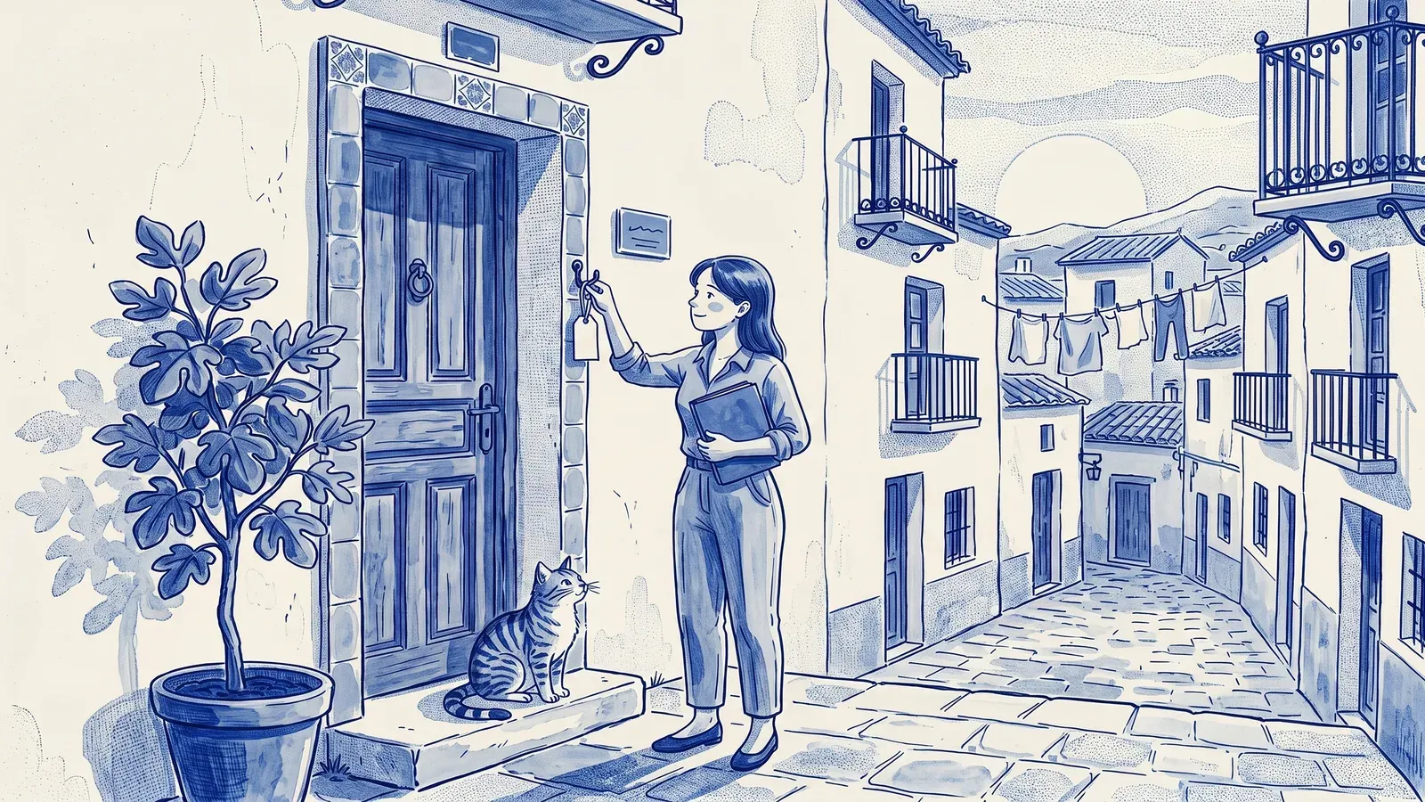 A manager with a blue folder hangs a paper tag beside the door of a Spanish building; a cat watches from the doorstep and a fig tree frames the scene