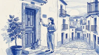 A manager with a blue folder hangs a paper tag beside the door of a Spanish building; a cat watches from the doorstep and a fig tree frames the scene