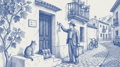 A manager with a blue folder hangs a paper tag beside the door of a Spanish building; a cat watches from the doorstep and a fig tree frames the scene