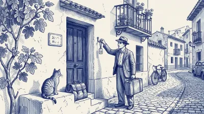 Una gestora con carpeta azul cuelga una etiqueta de papel junto a la puerta de un edificio español; un gato observa desde el escalón y una higuera enmarca la escena