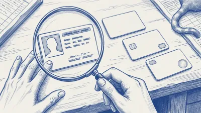 Azulejo en azul cobalto, vista en primera persona: nuestras propias manos sobre un escritorio, una sujeta un documento de identidad y la otra pasa una lupa por encima, que amplía la cara de los datos; al lado, dos tarjetas más de generaciones distintas y la cola de un gato entrando en el plano