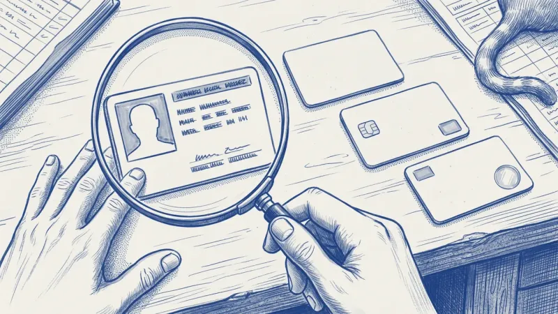 Azulejo en azul cobalto, vista en primera persona: nuestras propias manos sobre un escritorio, una sujeta un documento de identidad y la otra pasa una lupa por encima, que amplía la cara de los datos; al lado, dos tarjetas más de generaciones distintas y la cola de un gato entrando en el plano